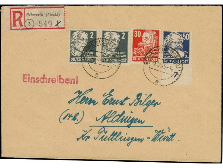 50 Pfg. unten ungezähnt mit Unterrand, 30 Pfg. und 2 Pfg. im Paar als portogerechte Frankatur auf R-Brief von "SCHWERIN 3.12.