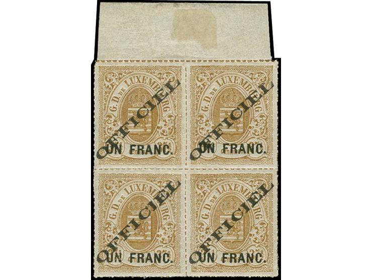 1875, broad overprint "UN FRANC." on 37½ c., block of 4 with upper sheet margin (folded in the rouletting), unused with origi