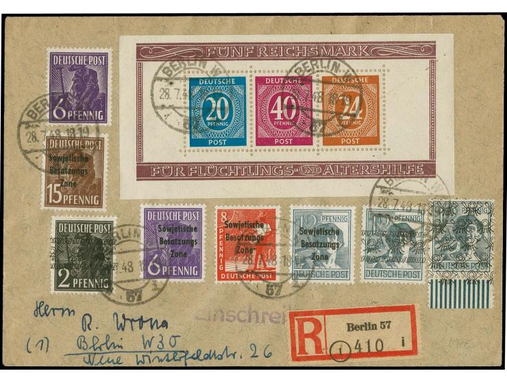 1948, Zeughausblock gezähnt mit Zufrankatur mit Stempel "BERLIN 28.7.48" als portogerechte 10fach-Frankatur auf Orts-R-Brief 