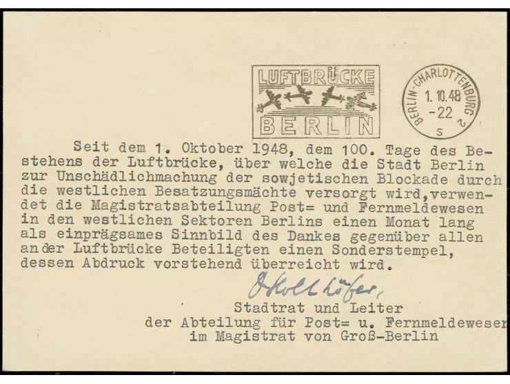 1948, Maschinenstempel "LUFTBRÜCKE BERLIN" von "BERLIN-CHARLOTTENBURG 2 1.10.", klar auf Ankündigungskarte des Stadtrats- und