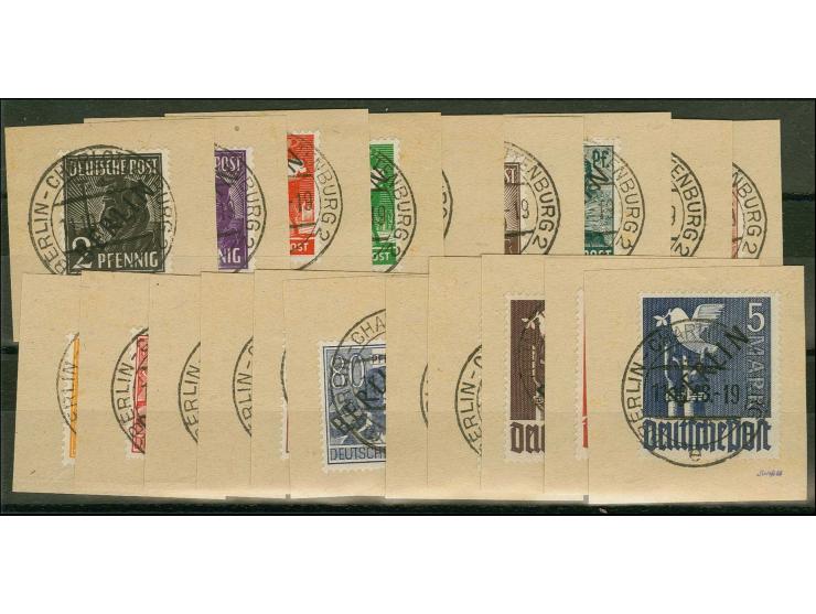 1948, Schwarzaufdruck 2Pfg.-5 M., je einheitlich mit zentrischem Stempel "BERLIN-CHARLOTTENBURG 11.10.48" auf Briefstück, rüc