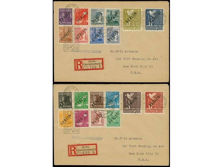 Schwarzaufdruck 2 Pfg.-5 M. mit Luftbrückenstempel bzw. Tagesstempel "BERLIN-CHARLOTTENBURG 19.10.48" auf 2 R-Briefen nach Ne