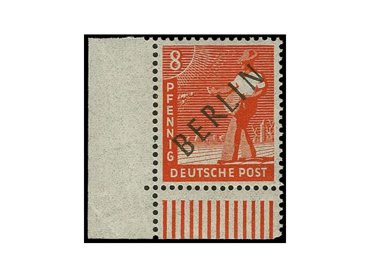 8 Pfg. auf dünnem Papier aus der linken unteren Bogenecke, postfrisch, im Rand etwas knittrig, sign. Schlegel BPP
