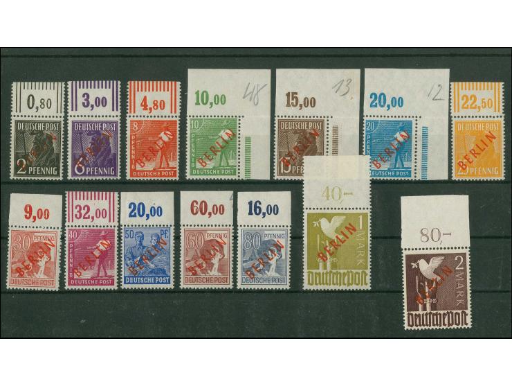 Rotaufdruck 2 Pfg.-2 M. kpl. postfrisch, einheitlich vom Oberrand, 50 Pfg. Oberrand mit Einriß, Fotoattest Schlegel D. BPP