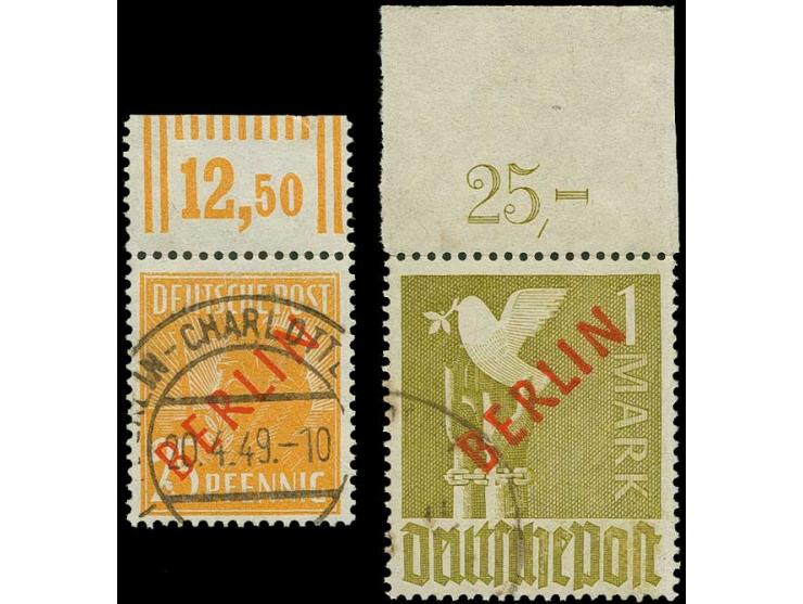 25 Pfg., Walzendruck-Oberrandstück (oben im Rand kl. Kerbe), zentrisch gestempelt "BERLIN CHARLOTTENBURG 20.4.49", dazu undeu