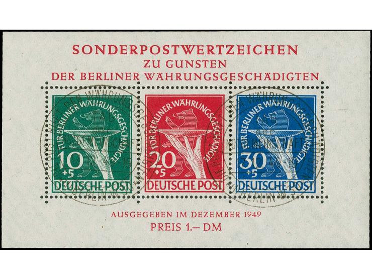 Währungsgeschädigten-Block mit Plattenfehler bei 10 und 30 Pfg. mit Ersttagssonderstempel, Fotoattest Schlegel BPP (Mi. 3.500