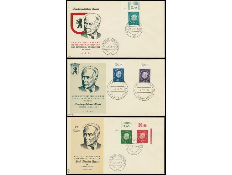 1959, Heuss 7 Pfg. aus der linken oberen Bogenecke mit DZ "7" und 10 Pfg. aus der linken oberen Bogenecke mit DZ "2" mit Zufr