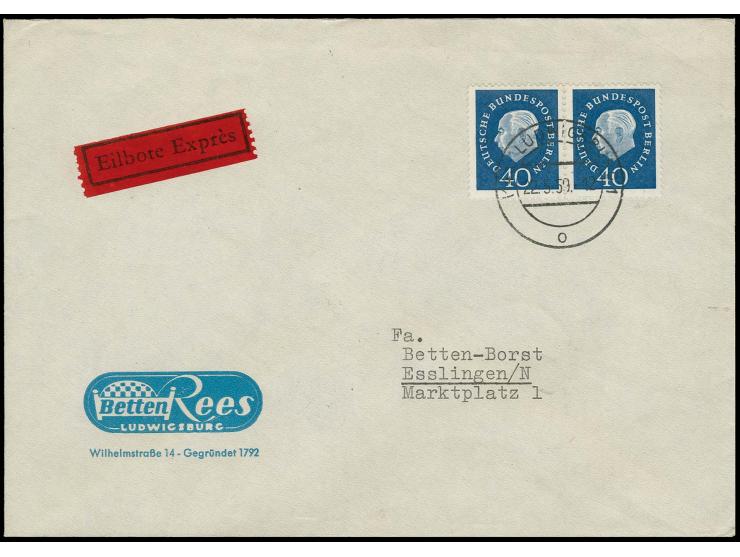 40 Pfg. im waagerechtem Paar mit Stempel "LUDWIGSBURG 22.5.59" auf portogerechtem Eil-Brief nach Esslingen