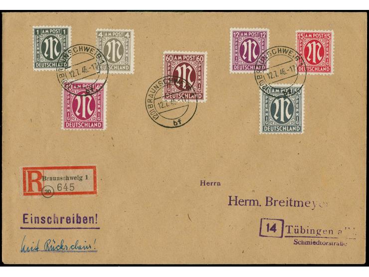 50 Pfg. schwarzgrün, gez. 11½:11, mit Zufrankatur mit Stempel "BRAUNSCHWEIG 12.7.46" auf R-Brief nach Tübingen, Kurzbefund Sc