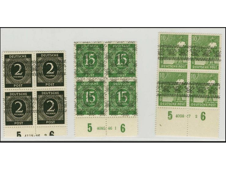 1948, Arbeiter mit Bandaufdruck 10 Pfg., 4er-Block vom Unterrand mit HAN 4098.472, dazu Ziffer 2 Pfg. mit Bandaufdruck, 4er-B