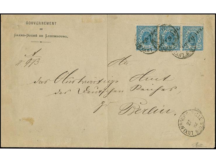 1880, Haarlem printing 25 c. blue, horizontal strip of 3 tied by cds. "LUXEMBOURG-VILLE 27 5 82" to official cover to the Min