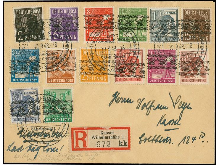 NETZAUFDRUCK: 2-15, 24-30, 60 und 84 Pfg. je mit Aufdruckfehler "Punkt ber Posthorn" mit SST "KASSEL-WILHELMSHÖHE 19.9.48" au