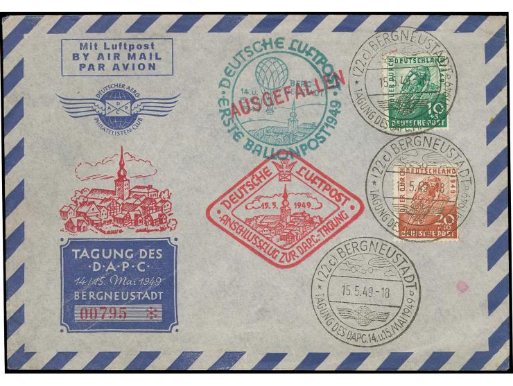 1949, Radrennfahrer 10 und 20 Pfg. mit Ersttagsstempel "BERGNEUSTADT TAGUNG DES DAPC 15.5.49" auf Kuvert einer ausgefallenen 