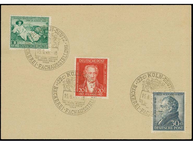 1949, 200. Geburtstag Goethe 10-30 Pfg. mit Ersttags-SST "BÄCKEREI FACHAUSTELLUNG KÖLN-DEUTZ 15.8.49" auf Blanko-FDC, Fotoatt