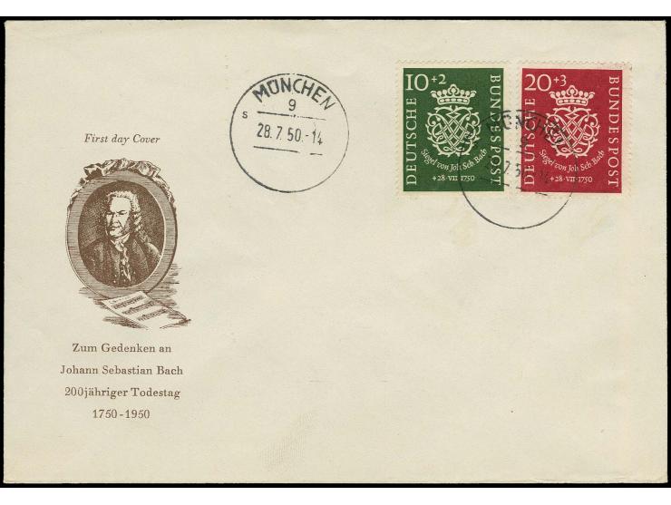1950, Bachsiegel 10-20 Pfg. mit klarem Erstagsstempel "MÜNCHEN 28.7.50" auf anlaßbezogenem Blanko-FDC, Kurzbefund Schlegel BP