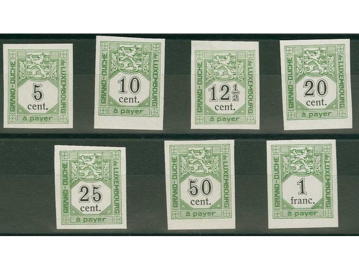 1907, 1. issue 5 c.-1 fr., imperforated proofs on chalk surfaced paper, unused without gum