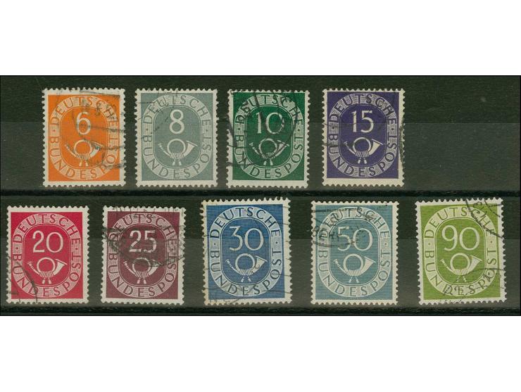 1951, Posthorn 6-30 Pfg. sowie 50 und 90 Pfg. je mit Wasserzeichen Z, gestempelt, teils kleine Mängel, alle sign. Schlegel BP