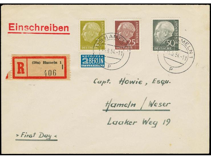  1954, Heuss 2, 25 und 70 Pfg. mit Stempel "HAMELN 15.6.51" auf Orts-R-Brief, selten, Fotoattest Schlegel BPP