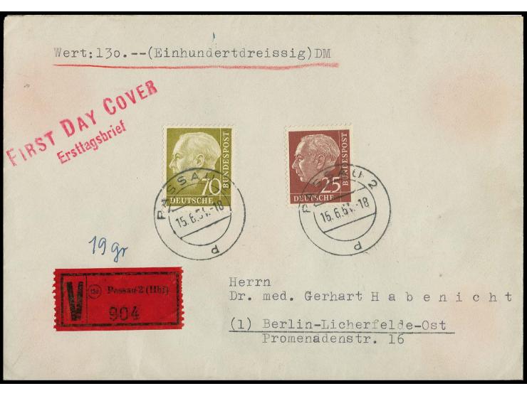 1954, Heuss 25 und 70 Pfg. mit Stempel "PASSAU 15.6.51" auf portogerechtem Wertbrief nach Berlin, sehr selten, Fotoattest Sch