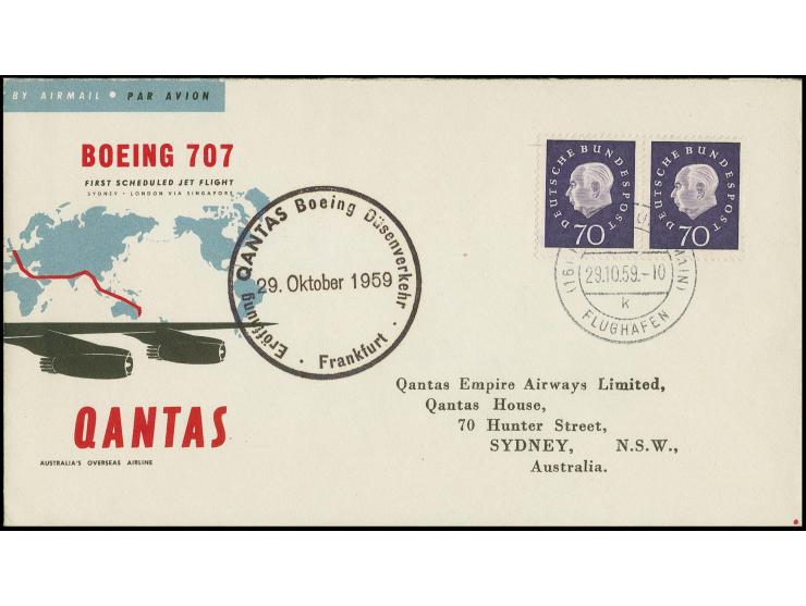 1959, Heuss III 70 Pfg. im waagerechten Paar mit Stempel "FRANKFURT FLUGHAFEN 29.10.59" auf Erstflugbrief "Qantas Boing Düsen