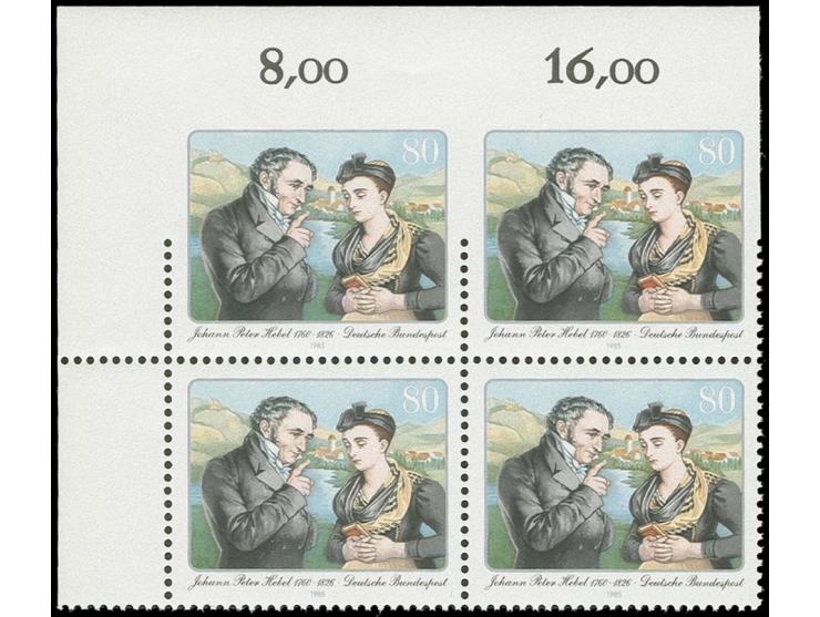 1985, Hebel 80 Pfg. im 4er-Block aus der linken oberen Bogenecke, die beiden oberen Werte oben ungezähnt, postfrisch, nur gan