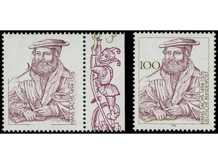 1994, Hans Sachs 100 Pfg. mit Abart "Farbe Braunoliv fehlend", postfrisch vom rechten Bogenrand