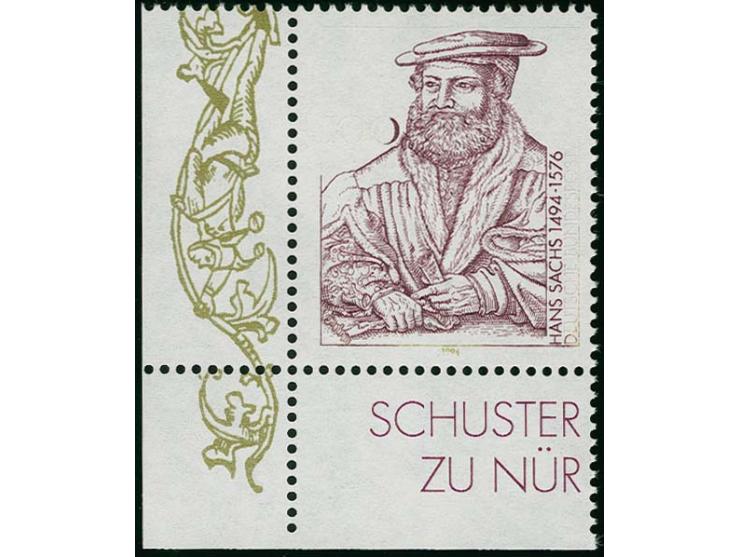 1994, 500. Geburtstag Hans Sachs 100 Pfg. aus der linken unteren Bogenecke mit fehlender Wertangabe, Randbeschriftung und Jah