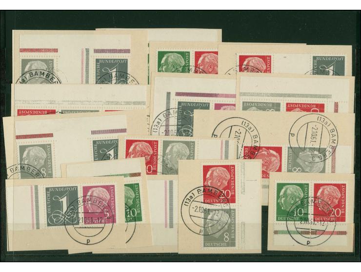 1960, Heuß und Ziffer 1-20 Pfg., 15 waagerecht und senkrechte Zusammendruckpaare, alle mit klarem Stempel "BAMBERG 2.10.61" a
