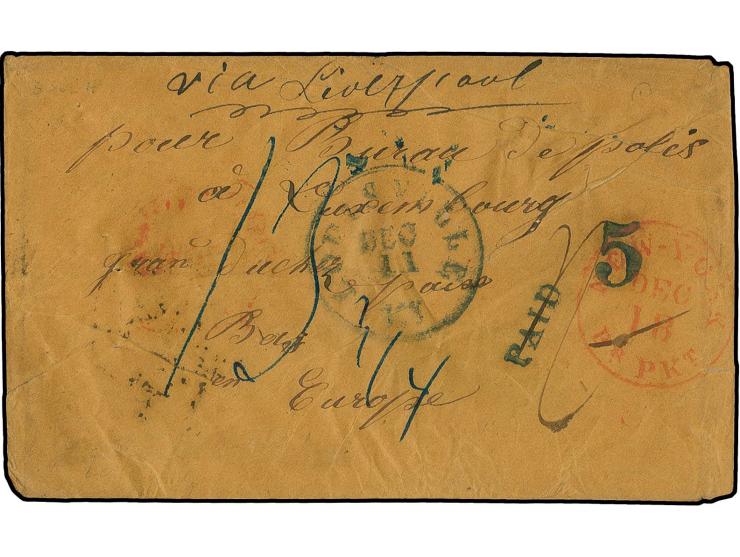 1856, cover from "LOUISVILLE DEC.11." via New York with blue straight line "PAID" and tax mark "5" via London, Aachen and Tri
