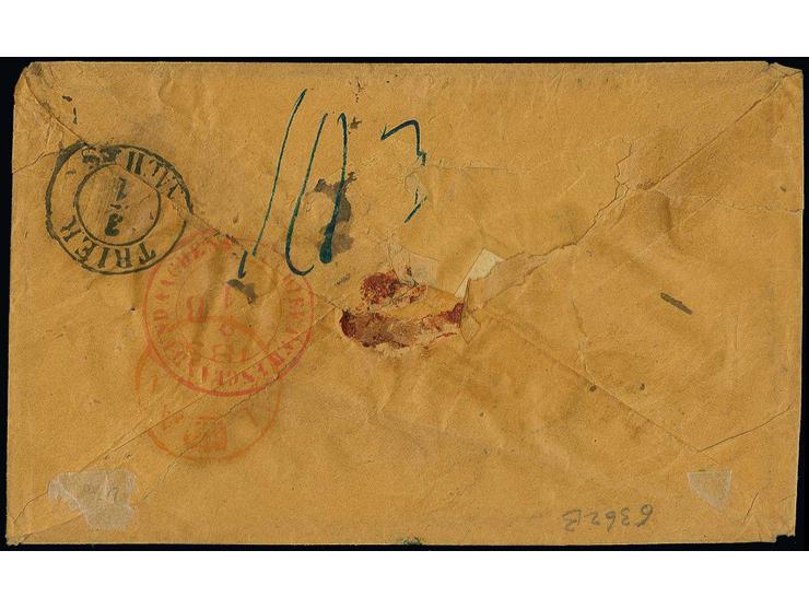 1856, cover from "LOUISVILLE DEC.11." via New York with blue straight line "PAID" and tax mark "5" via London, Aachen and Tri