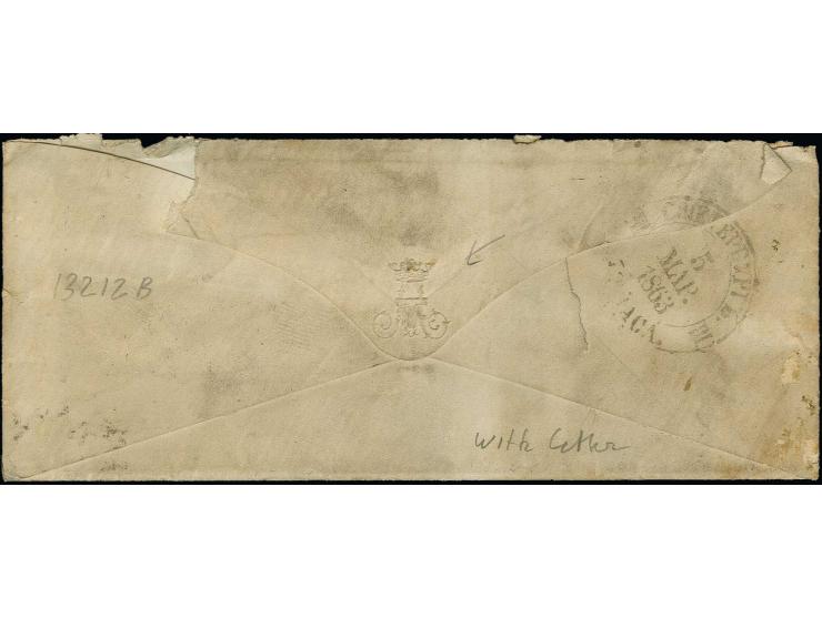 "282" on Russia 10 k. siena and pale blue on cover with adjacent cds. "KIBARTY 15.3.(63)" to Königsberg with arrival mark, or