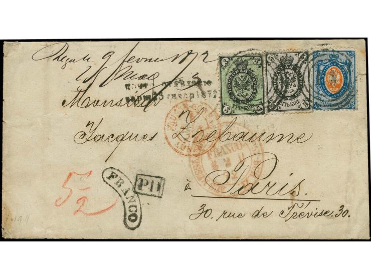 RUSSIA USED IN POLAND: 1866/75, 3 k. black/green on vertically laid paper with 5 k. on horizontally laid paper and 1865, 20 k
