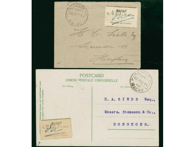 1911, emergency issue 2 a., tied by cds. "MACAU 18.AGO.11" to cover to Hongkong with arrival mark and 1 a., tied by cds. "MAC