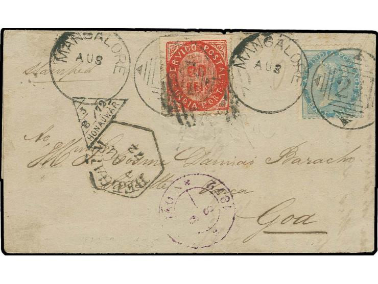 20 r. vermilion in combination with India ½ a. blue, tied by clear duplex "MANGALORE AU 3 (72)" to small folded cover to Marg