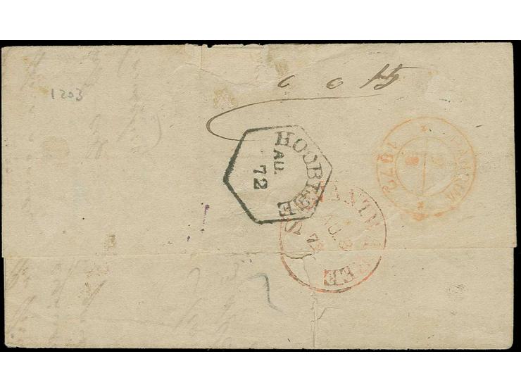 20 r. vermilion in combination with India ½ a. blue, tied by clear duplex "MANGALORE AU 3 (72)" to small folded cover to Marg