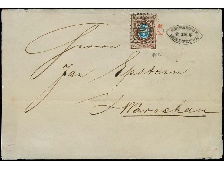 1857, 10 kop. brown/blue, fresh colour and good margins all around, tied by dotted numeral "104" of Bialystok to lettersheet 