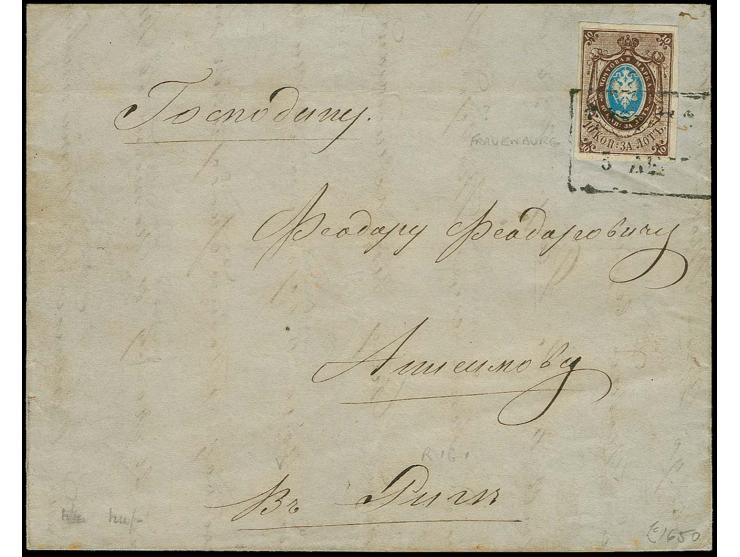 10 kop. brown/blue, good to wide margins, tied by boxed marking of Frauenburg to entire letter 1858 to Riga; faint horizontal
