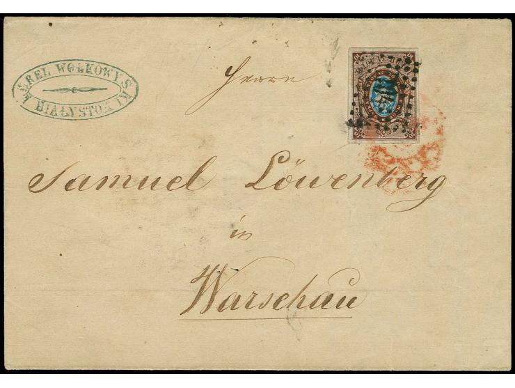 10 kop. brown/blue, tied by dotted numeral "104" of Bialystok to lettersheet to Warsaw, additionally tied by red offset of ar