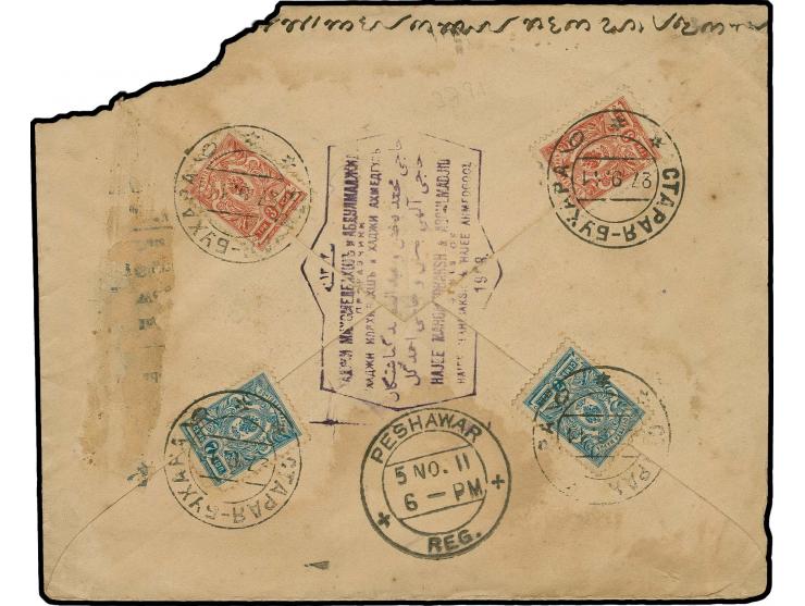 "STARAYA -BUKHARA b 27.9.11" on 1908/18, 3 k. and 7 k. (2 each) on reverse of registered envelope to Peshawar, India with adj