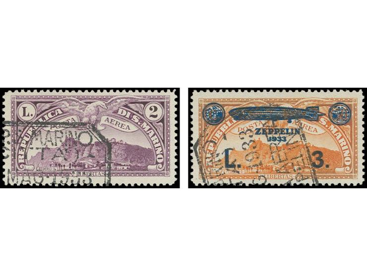 1933,  Zeppelin 3 l. and airmail 2 l., each with trial cancellation "CITTA" in black; very scarce, signed Enzo Diena with cer
