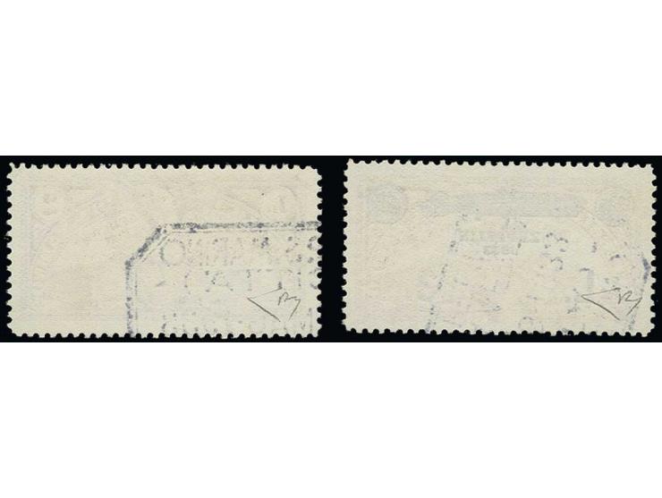 1933,  Zeppelin 3 l. and airmail 2 l., each with trial cancellation "CITTA" in black; very scarce, signed Enzo Diena with cer