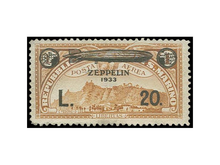 1933, Zeppelin 20 l. on 1 l., overprint essay with Zeppelin flying from left to right, unused, slightly toned in the perforat