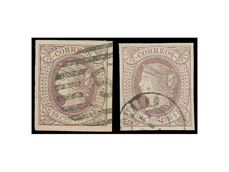 1864, Isabella 19 c. violet and intense violet with good to wide margins, used by cds. resp. numeral in bars, very fine, sign