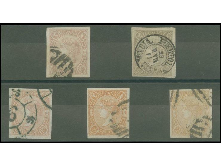 2 r. in 5 different colours, used, fine/very fine, all sign. resp. 2 certificates Comex (Edifil 73b, c, 73A, Aa, Ab)