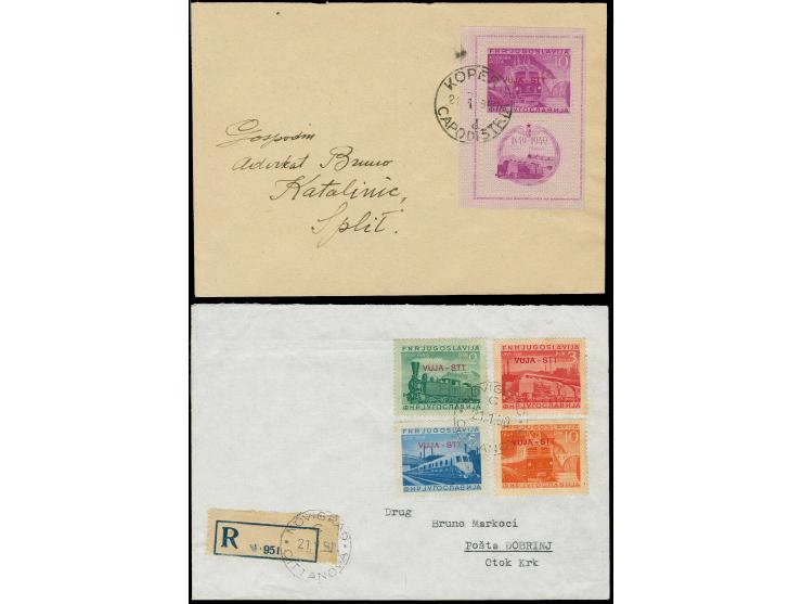 1951, 100 years railway 2-10 din. complete set on registered FDC with arrival mark and perforated souvenir sheet on FDC (vert