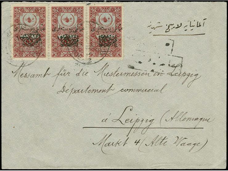 1921, Angora overprint "osmanli postalari 1337" on Hedjaz railway fiscal stamps 1 pia. in horizontal strip of 3 on cover to L