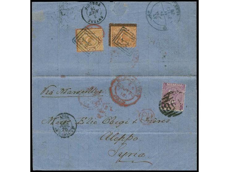 "HALEB/81", arabic triple-boxed marking in blue on postage due 1869, 20 pa. and 1 pia. on reverse of lettersheet from Manches