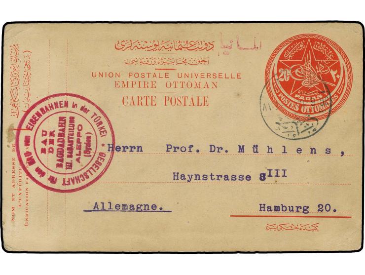 "ALEP 30-6-14" on postcard 20 pa. with adjacent clear sender's cachet "GESELLSCHAFT für den BAU von EISENBAHNEN in der TÜRKEI