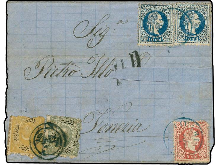 ISKODRA: Blue Arab double ring cancel used on 1868, 20 pa. green and 1 pia. yellow on lettersheet (side flaps missing) to Ven