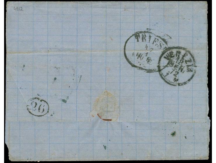 ISKODRA: Blue Arab double ring cancel used on 1868, 20 pa. green and 1 pia. yellow on lettersheet (side flaps missing) to Ven